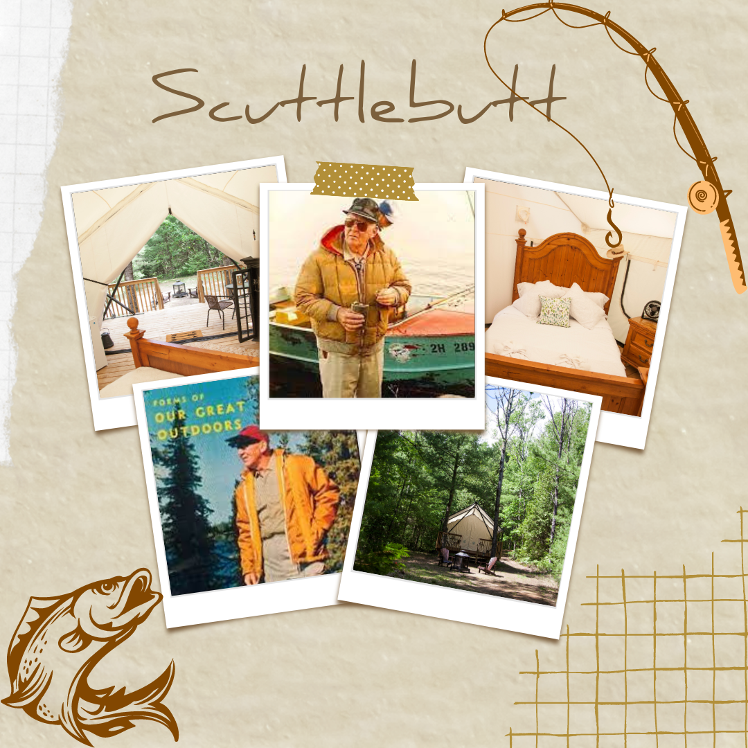 Polaroid-style photos with a fishing theme: a campsite, person fishing, bedroom, forest, and vintage outdoors ad.