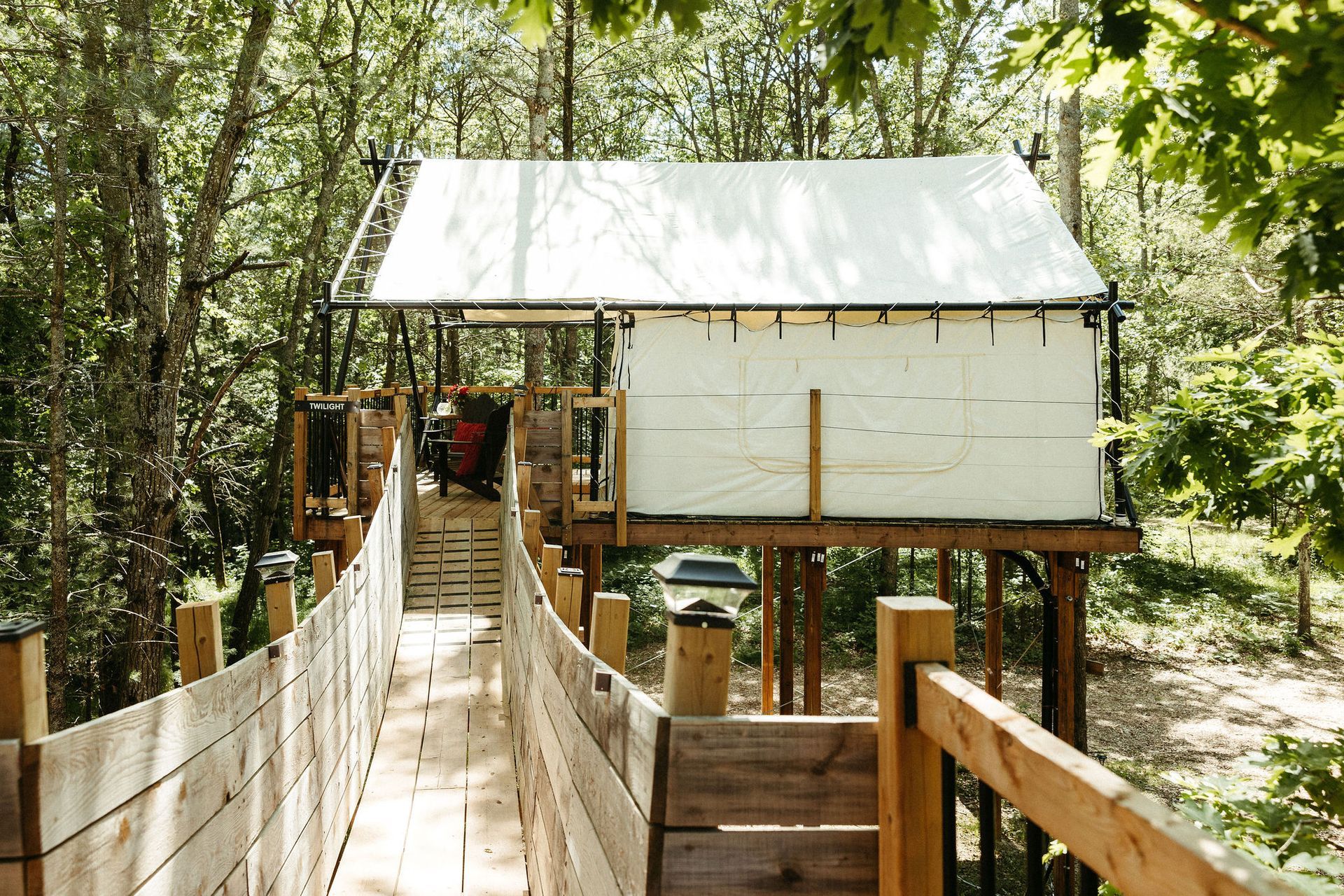 Treehouse with rope bridge in a forest setting; white canvas roof, wooden structure.