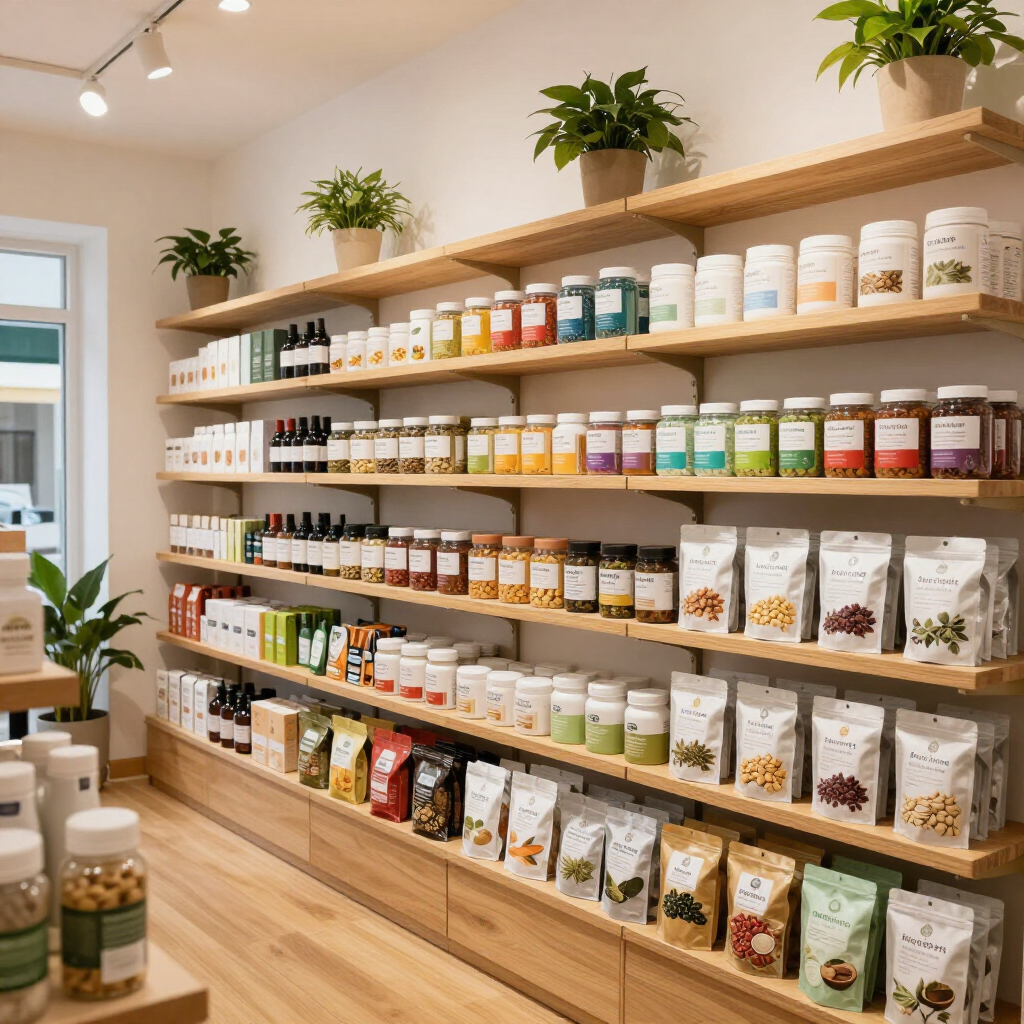 Goed verlicht winkelpad met houten schappen vol potten, flessen en verpakte goederen, met daar bovenop potplanten.