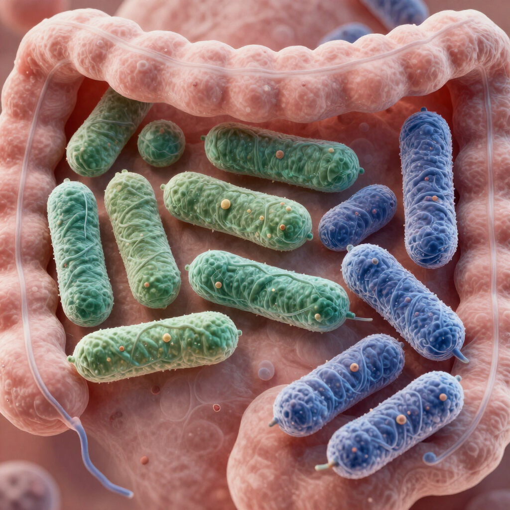 Gekleurde bacteriën in een menselijke darm, met darmmicrobioommicro-organismen