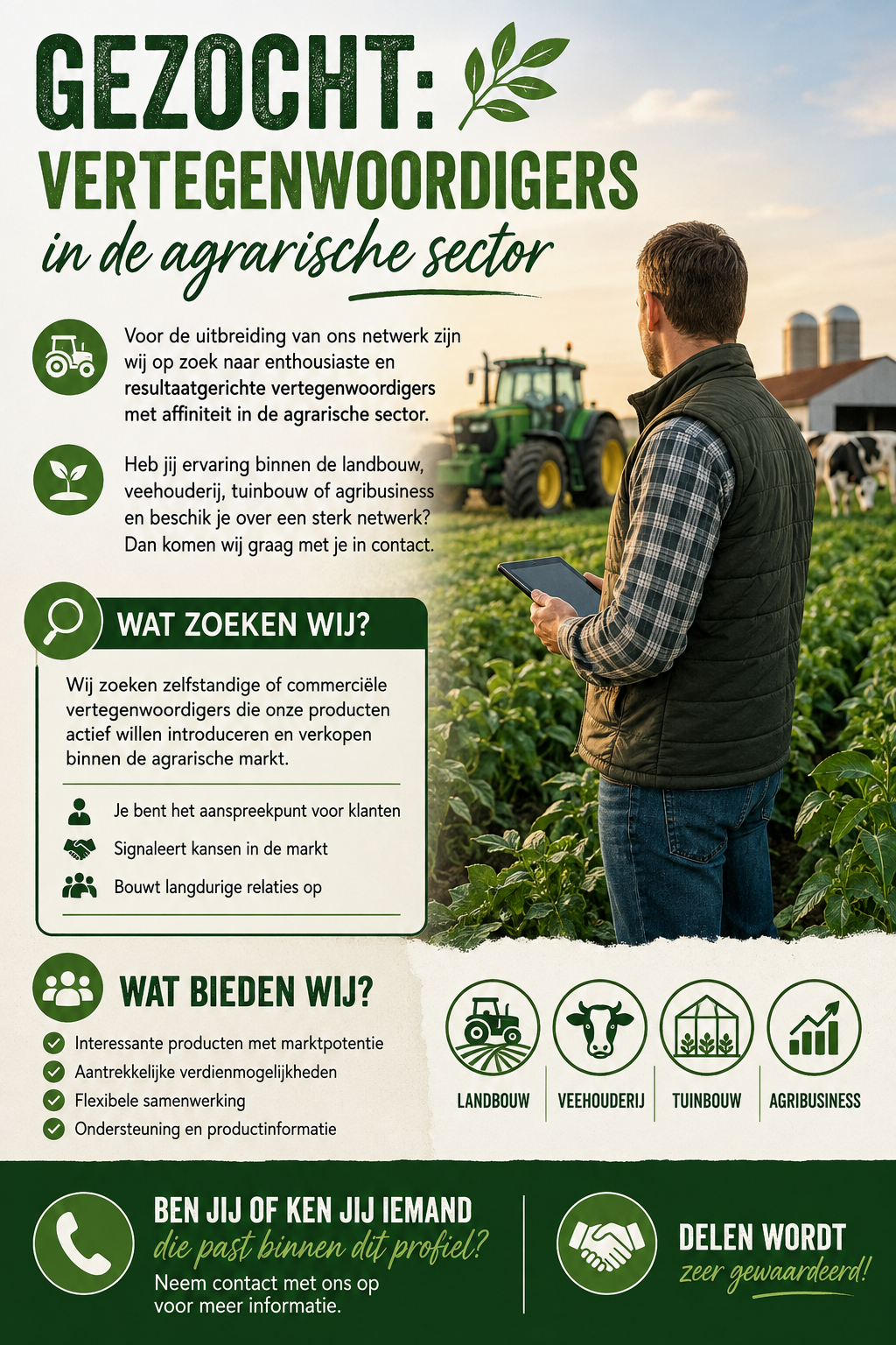Een man staat in een rustieke schuur naast een houten werkbank, met hooibalen en een koe op de achtergrond.