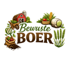 Logo voor “Bewuste & Moderne BOER” met een rode schuur, landbouwproducten en groene tarweaccenten.