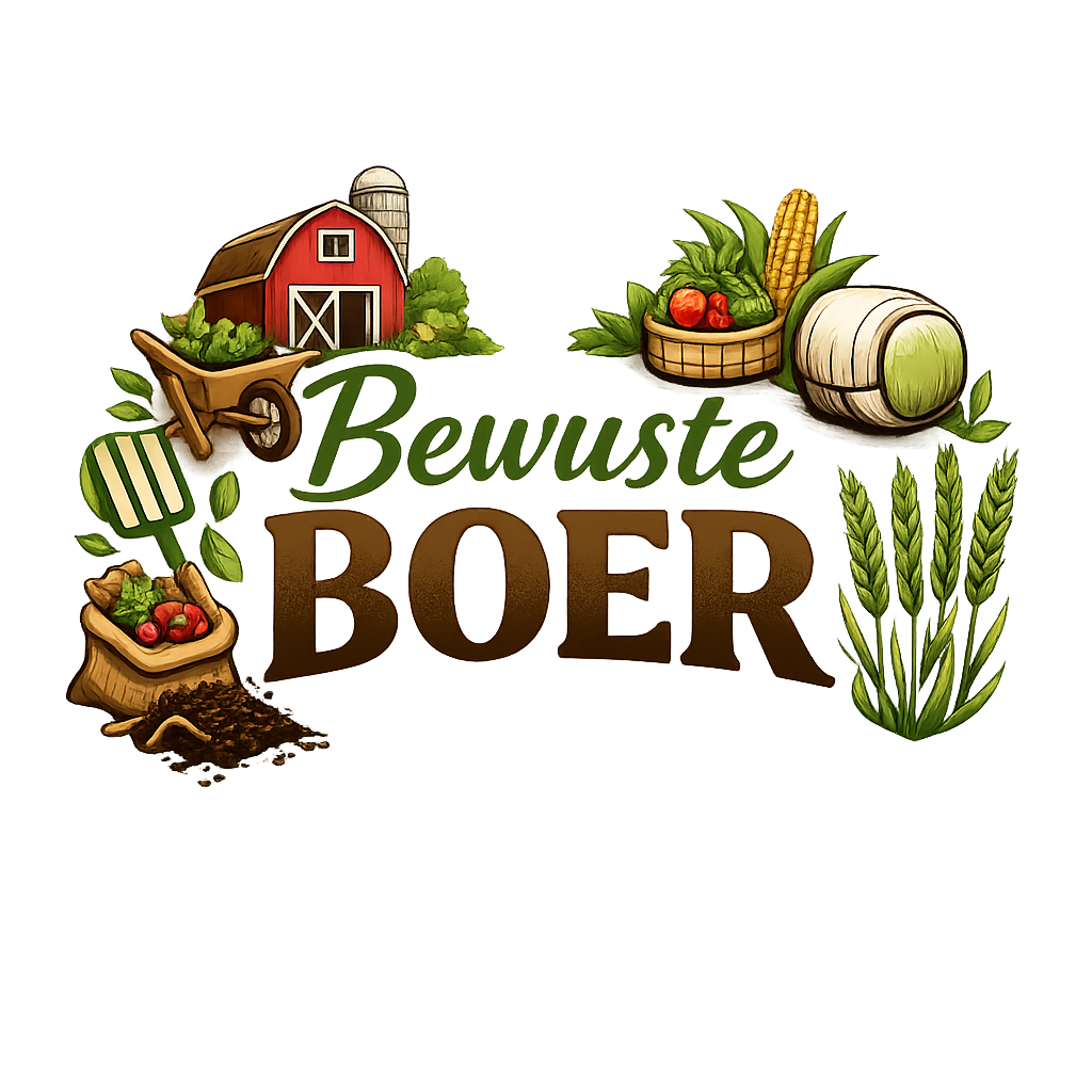 Logo voor “Bewuste & Moderne BOER” met een rode schuur, landbouwproducten en groene tarweaccenten.