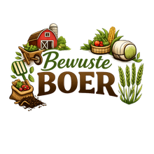 Logo voor “Bewuste & Moderne BOER” met een rode schuur, landbouwproducten en groene tarweaccenten.