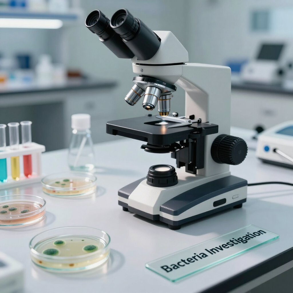 Microscoop op laboratoriumtafel met petrischalen, reageerbuizen en een notitie