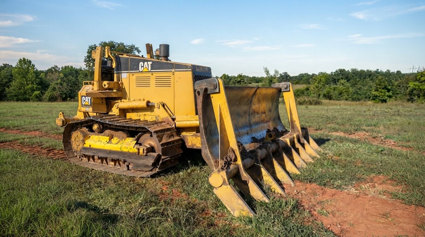 Yellow Caterpillar bulldozer with raised front ripper on a dirt field.