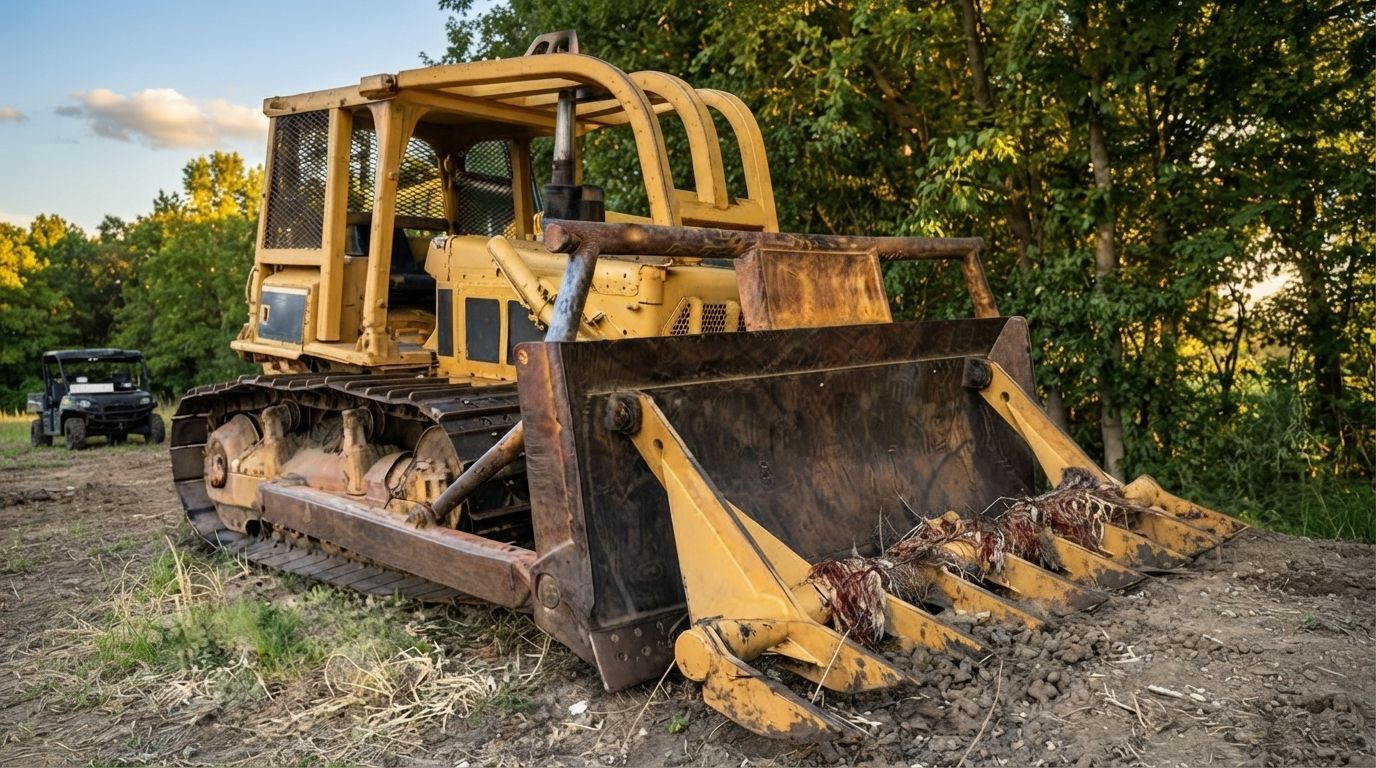 Yellow bulldozer with front blade and ripper, parked on grass near trees.