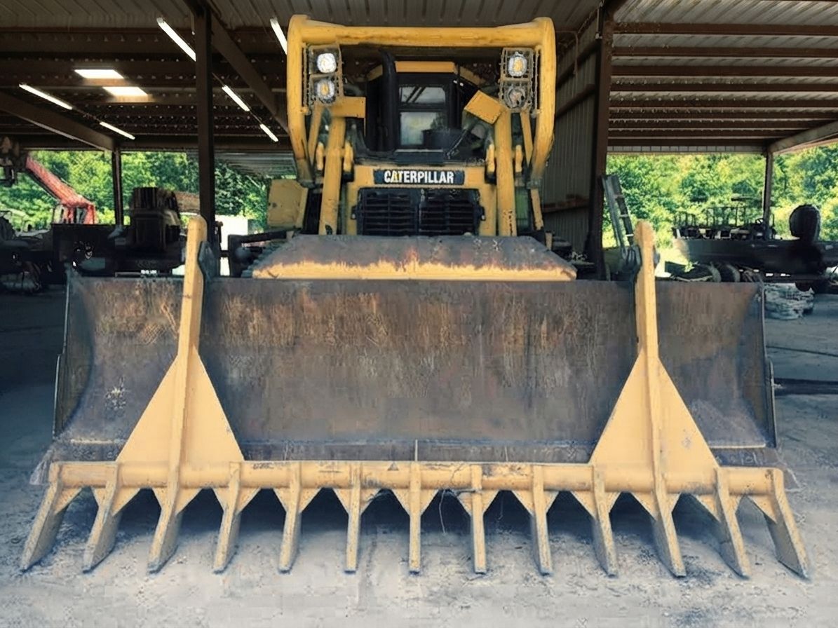 Front loader with wide bucket in a covered shed, viewed head-on.