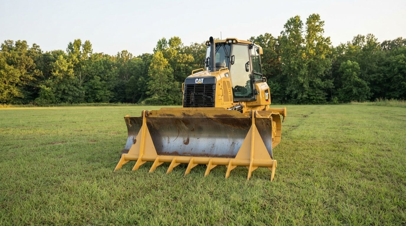 Front loader with large yellow grapple bucket in a grassy field, trees in the background