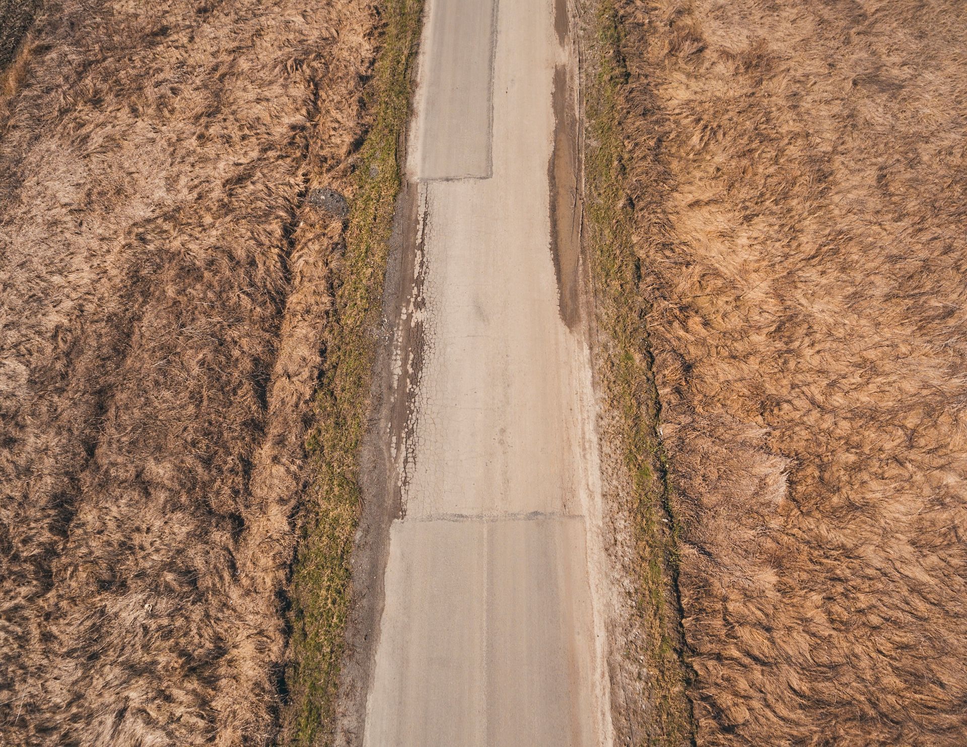 A narrow paved road runs between brown grassy fields.