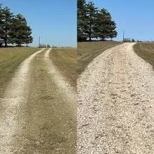Side-by-side gravel driveway comparison on a grassy hill, showing a smoother left path and rougher right path.