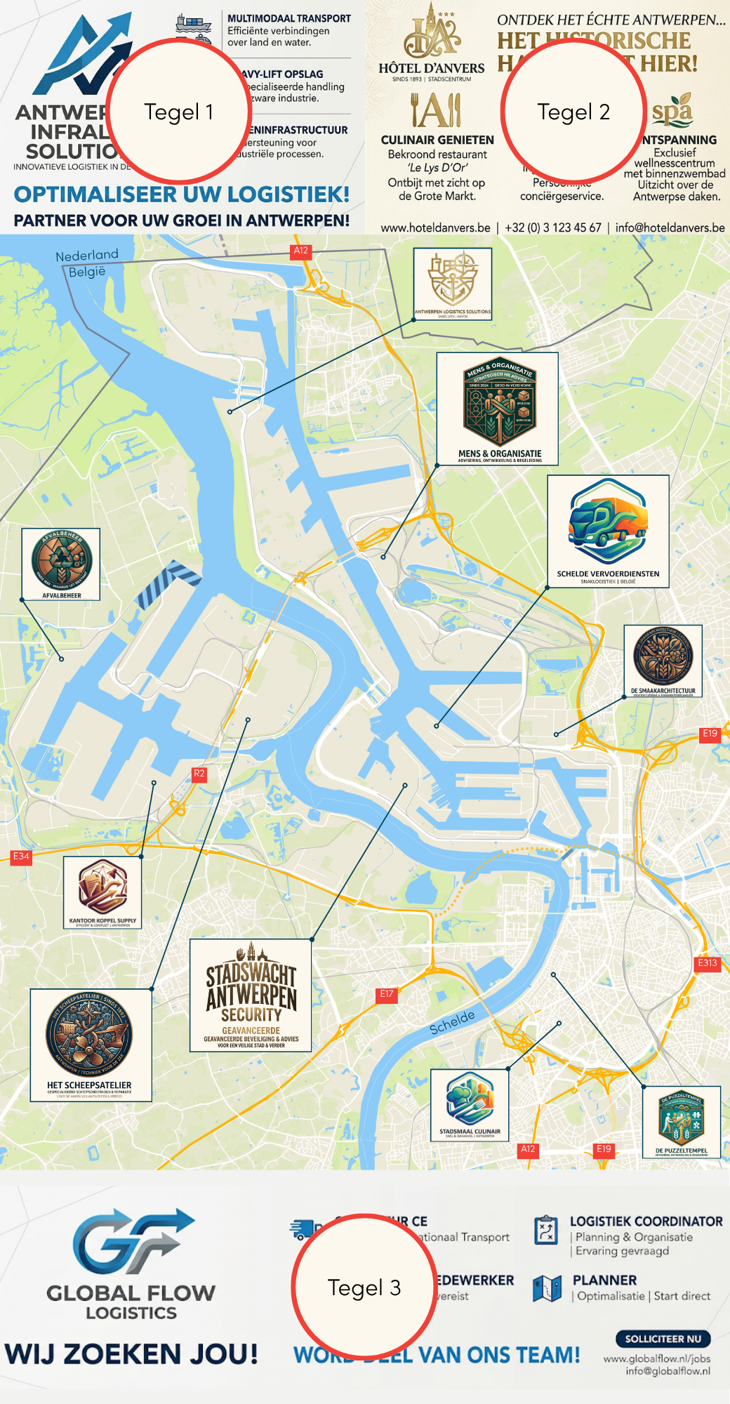 Map poster showing a blue waterway network, site markers, logos, and circular callouts on a light background