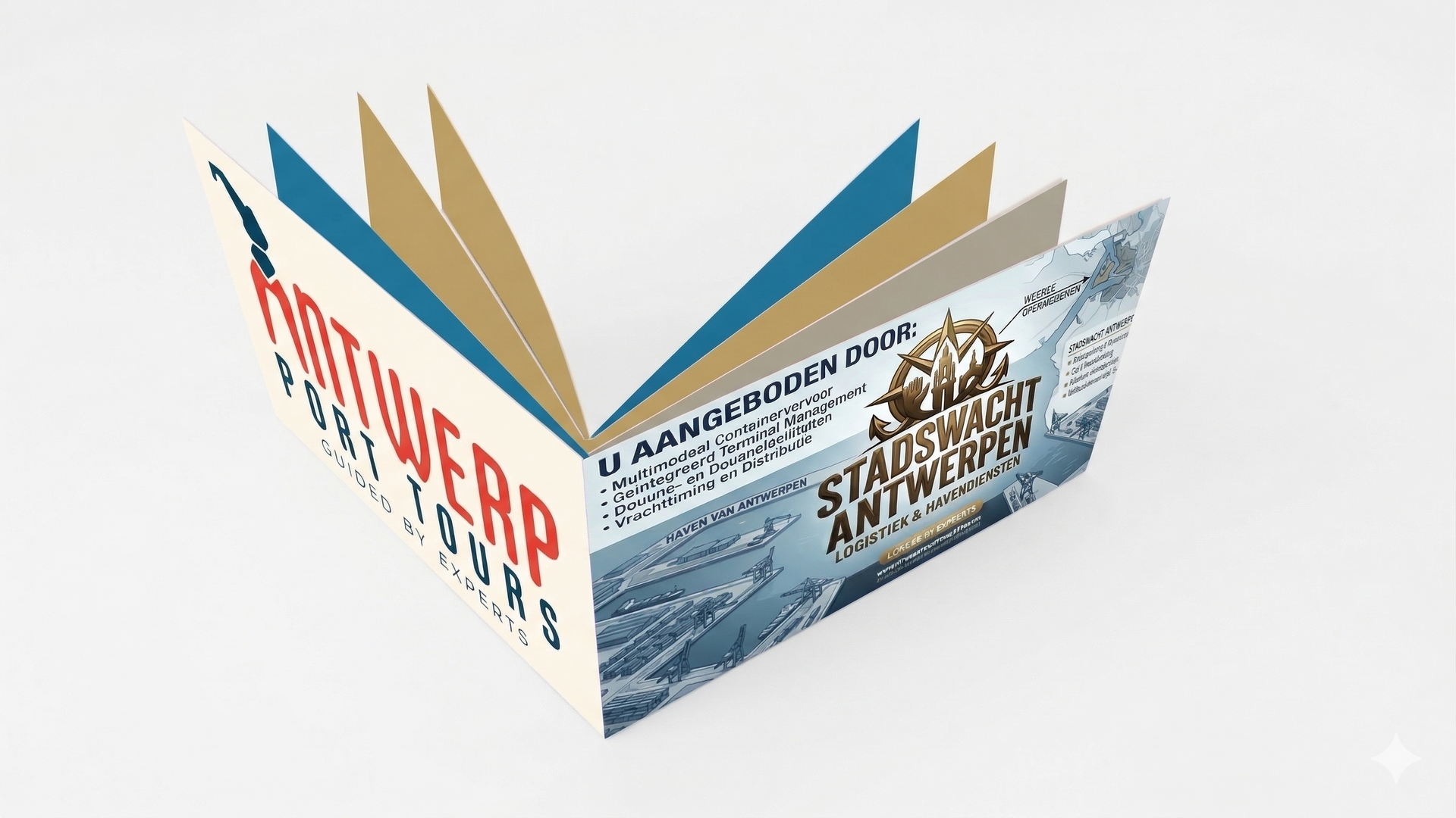 3D brochure with blue and beige pages, showing “POWER” and “STAFFED” text on the covers