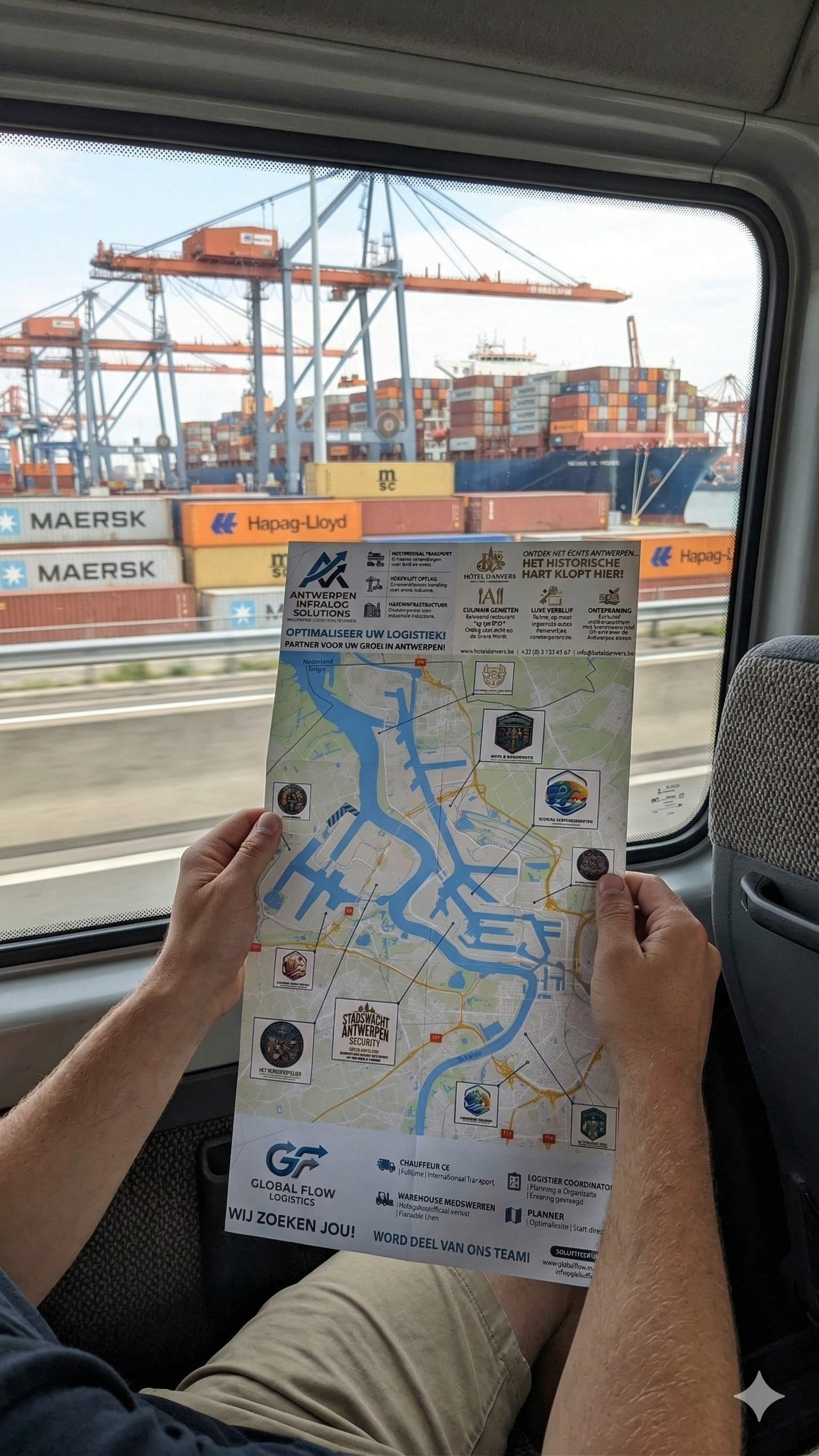 Hands holding a map inside a vehicle, with a cargo ship and port cranes visible outside the window.
