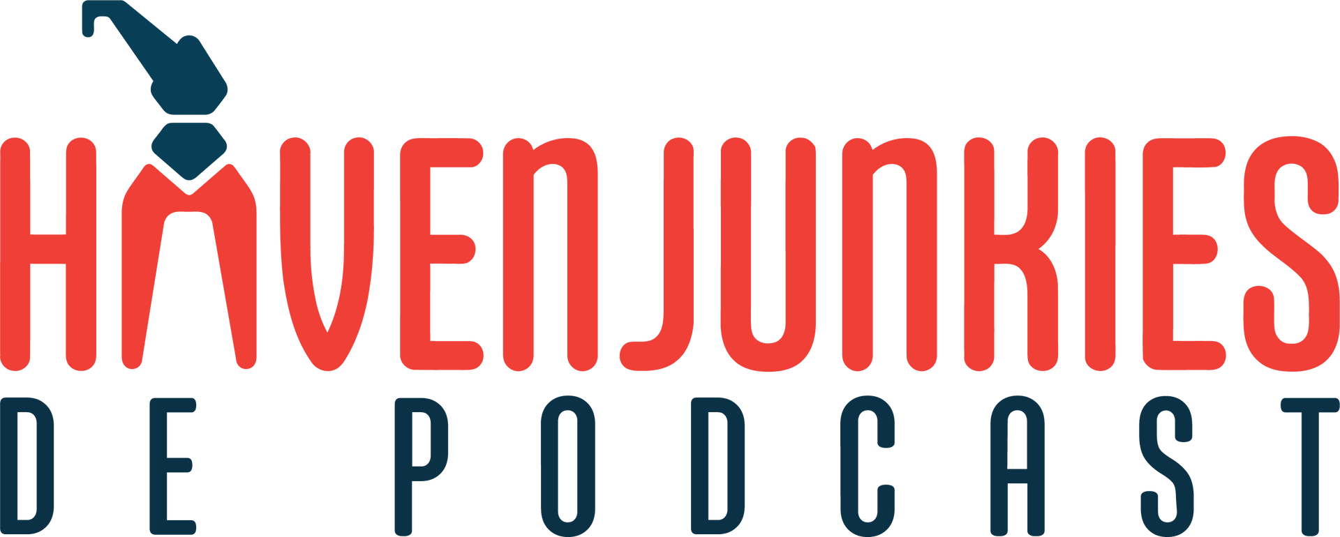 Logo reading “Haven Junkies de Podcast” in red and teal, with a hanging microphone graphic.