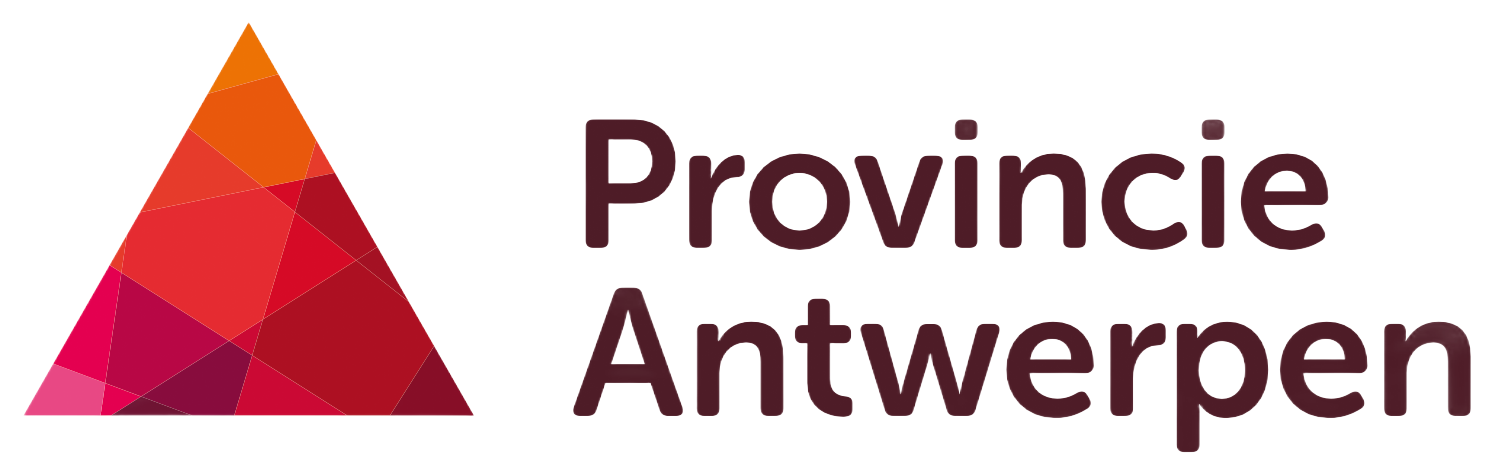 Provincie Antwerpen logo with a red-orange geometric triangle and dark maroon text on a white background
