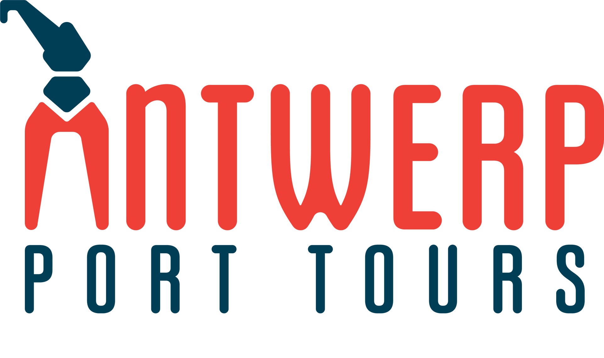 Logo for Antwerp Port Tours; red and navy design; stylized port crane above the word