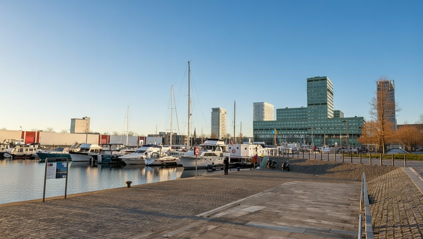 Harbor promenade with docked sailboats, calm water, and modern waterfront buildings at sunset