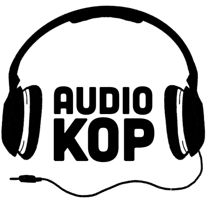 Black-and-white headphone logo with the words “AUDIO KOP” inside the earcups.