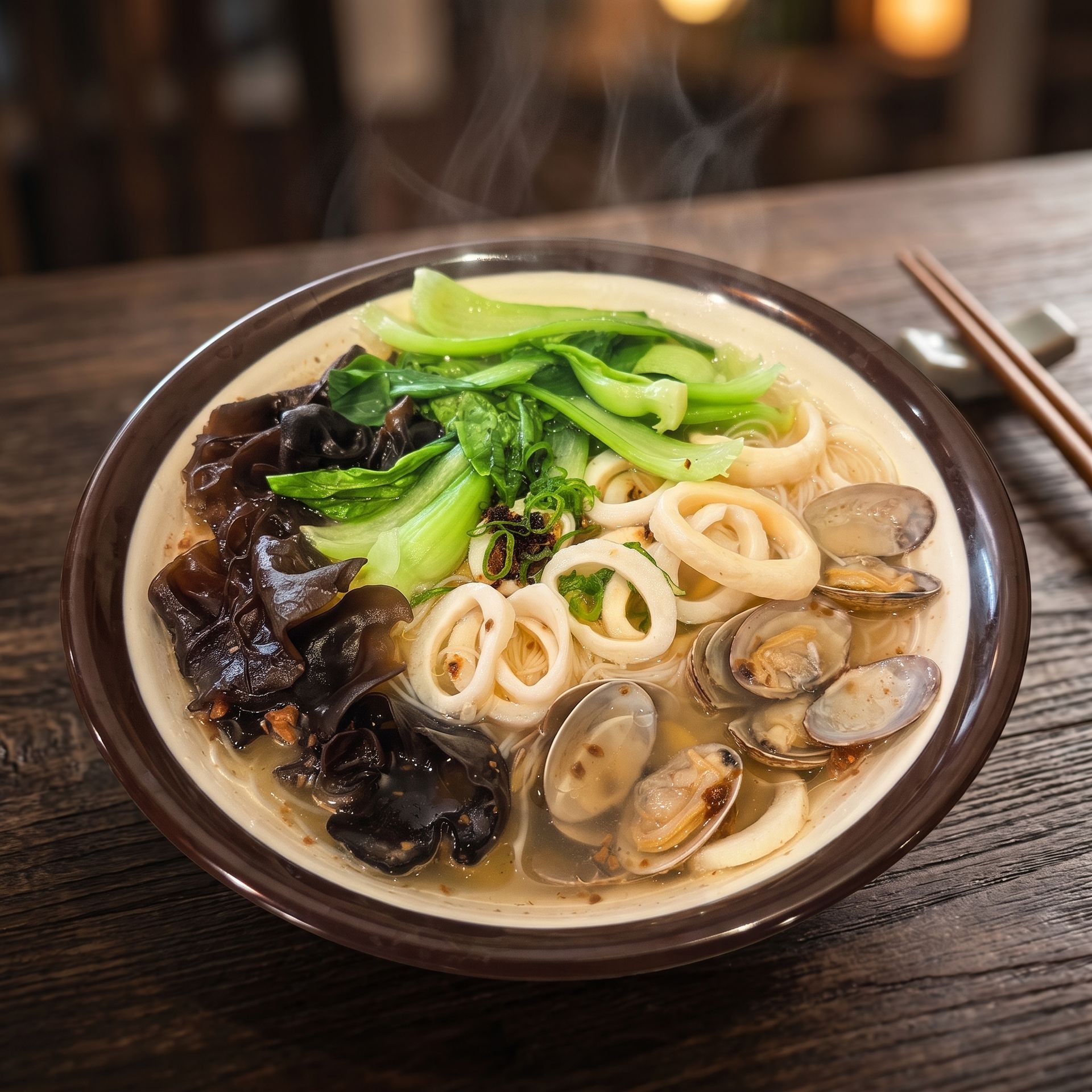 Bowl of noodle soup with clams, greens, and black fungus on a wooden table