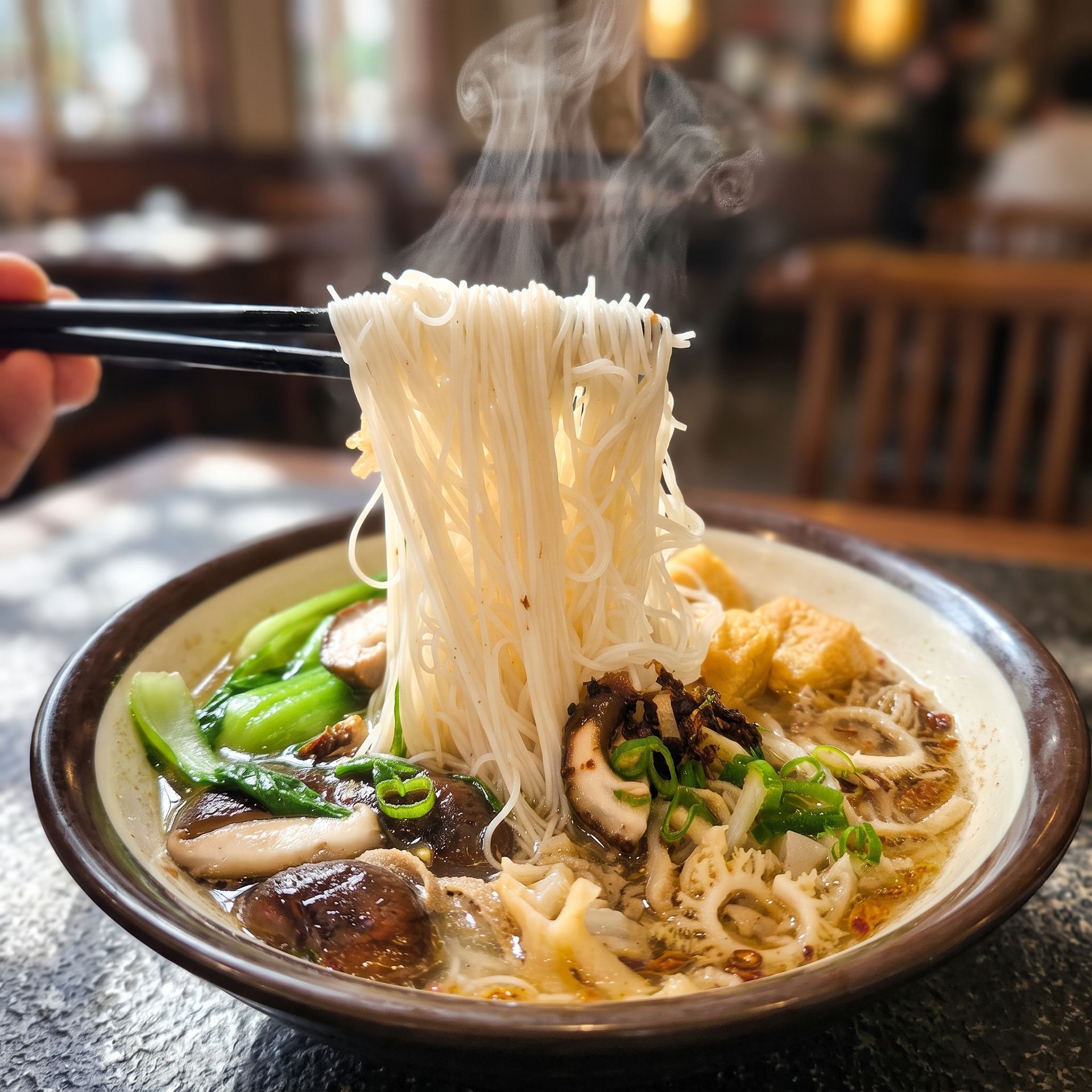 Steaming bowl of noodle soup with chopsticks lifting noodles and vegetables in a cozy restaurant setting
