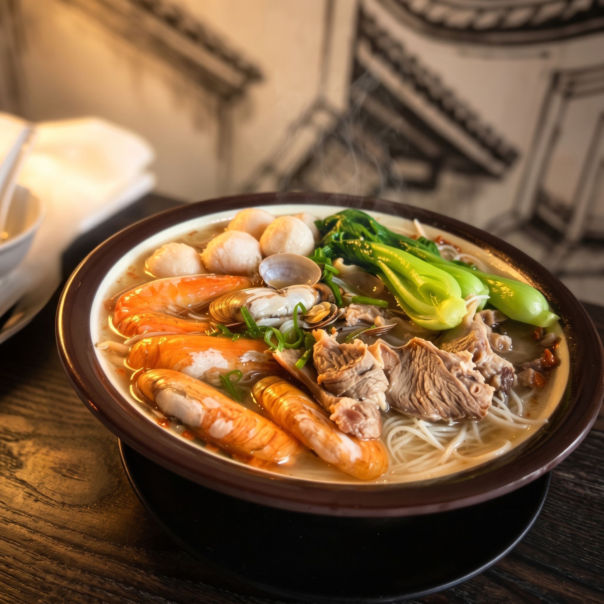 Steaming bowl of noodle soup with shrimp, pork, greens, and fish balls on a wooden table