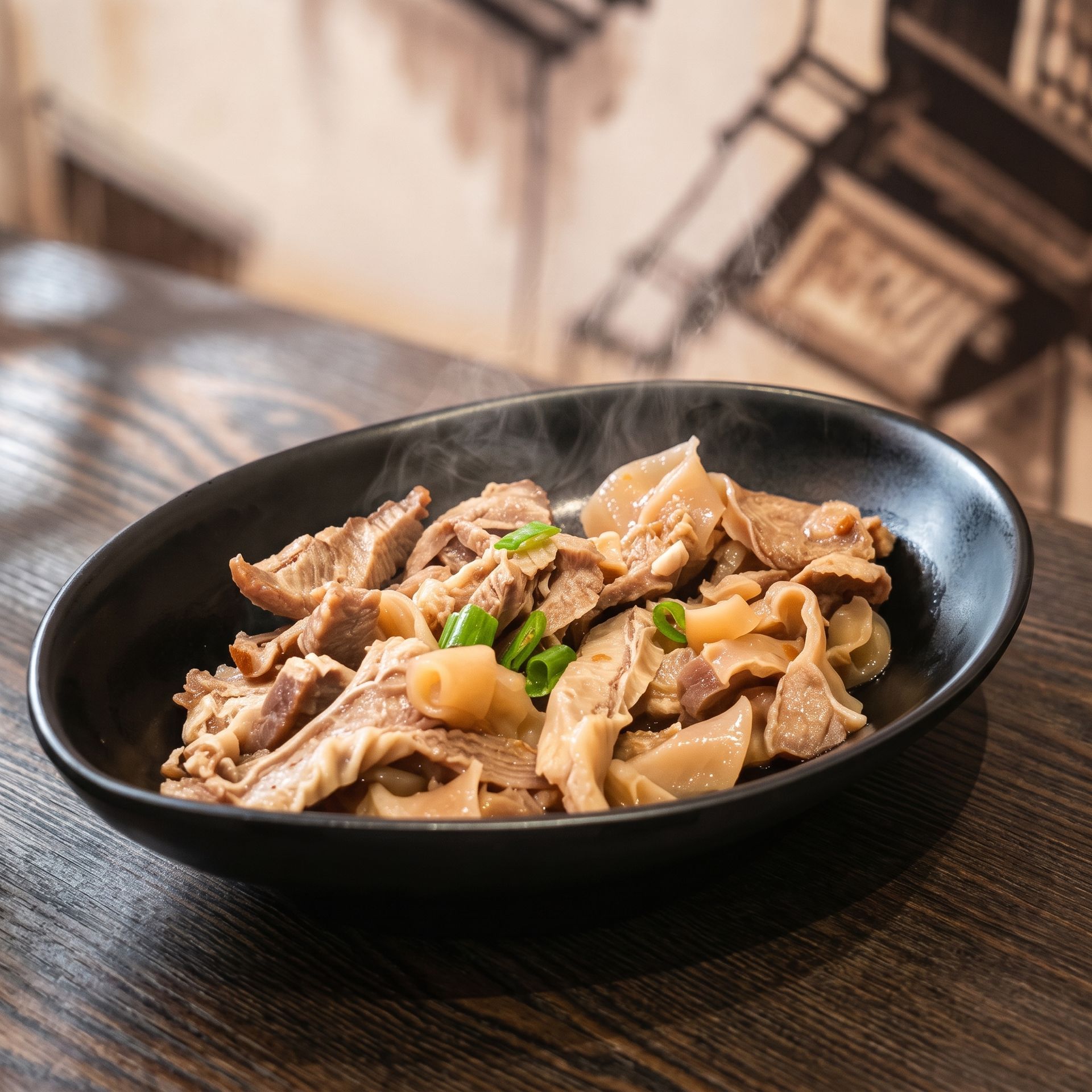 Black bowl of stir-fried meat and vegetables on a wooden table