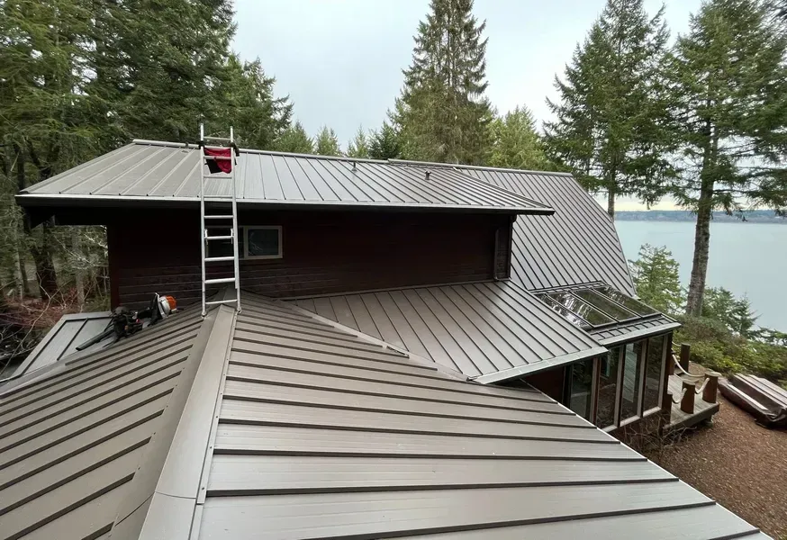 Red metal roof on a lakeside cabin with a ladder and evergreen trees in the background