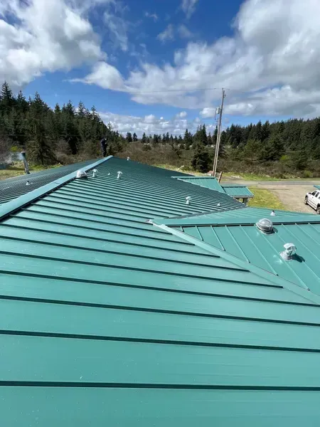 Teal metal roof with skylights, viewed toward a forested landscape under a cloudy sky