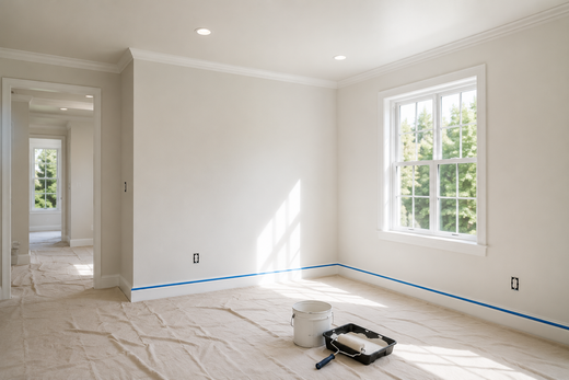 Freshly painted residential interior with white walls and trim