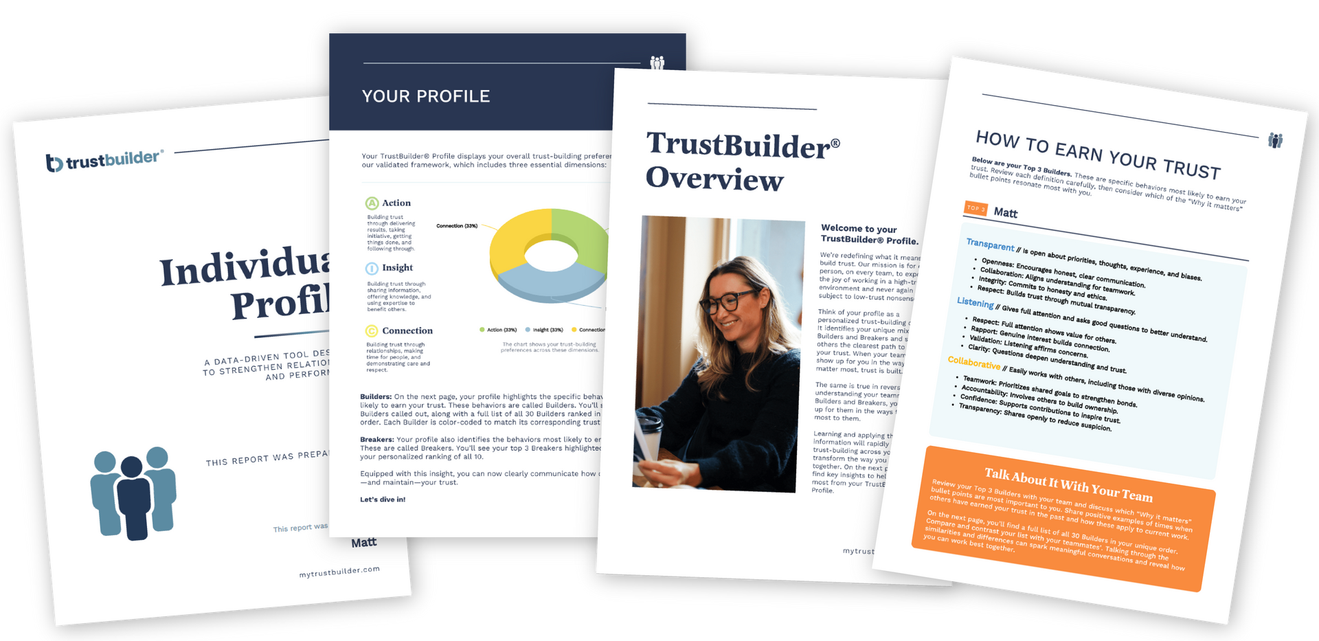 Four different documents, including an individual profile and trustbuilder overview.