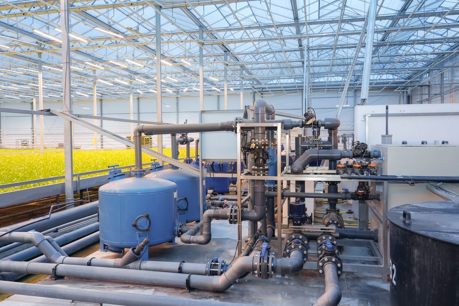 Commercial water treatment system with industrial filtration equipment. Commercial water treatment system with industrial filtration equipment.