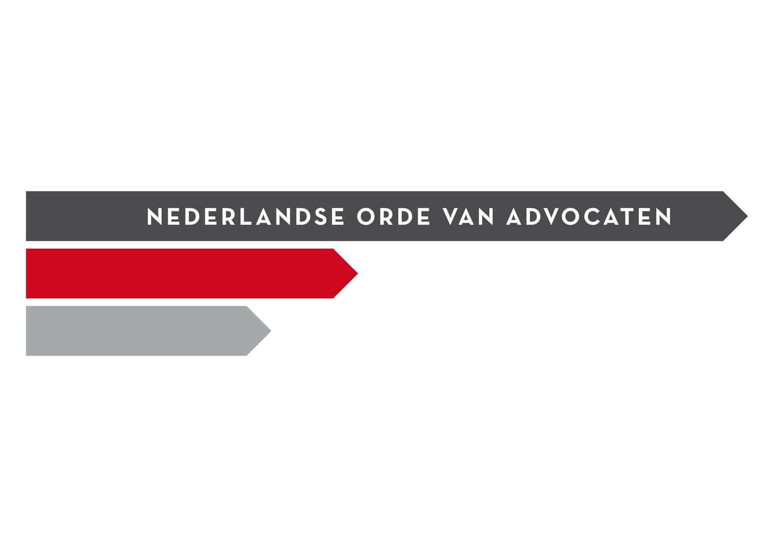 Logo reading “Nederlandse Orde van Advocaten” on gray, red, and gray arrow banners.