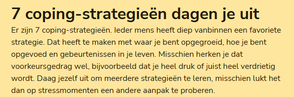 Nederlandse artikelkop over copingstrategieën, met inleidende tekst op een beige achtergrond.