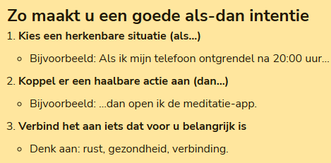 Infographic in het Nederlands over het formuleren van een goede als-dan-intentie, met drie genummerde stappen en voorbeelden.