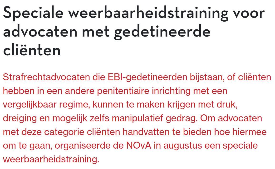 Tekstueel nieuwsbericht over speciale weerbaarheidstraining voor advocaten met gedetineerde cliënten
