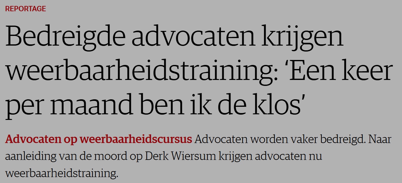 Nederlandse nieuwskop over bedreigde advocaten die een training in weerbaarheid tegen tegenspoed volgen.