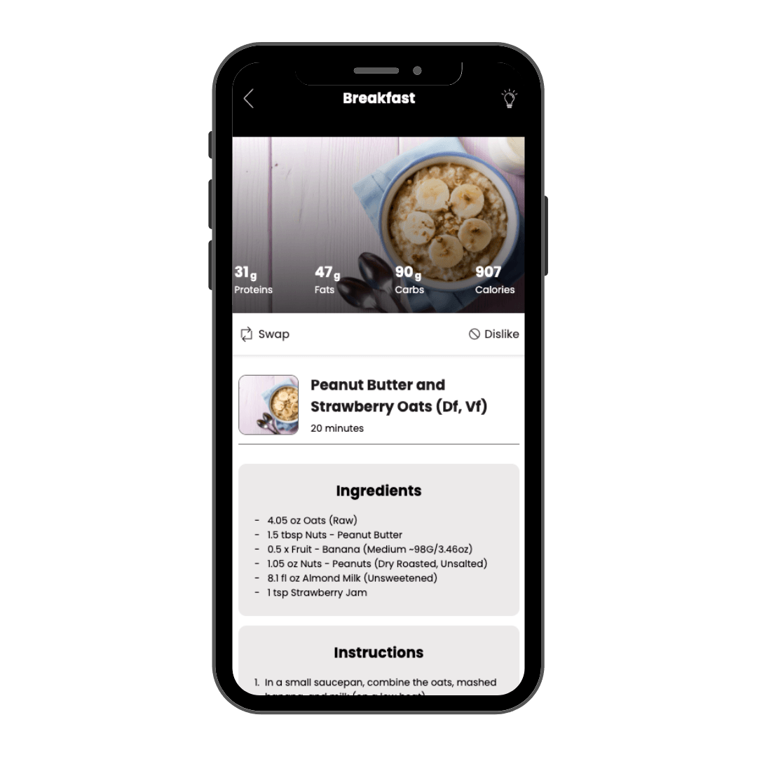 A cell phone with a recipe for peanut butter and strawberry oats on it.