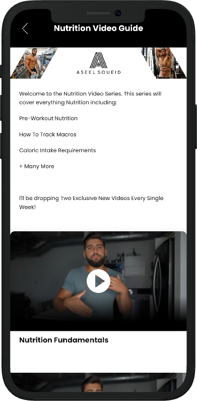 A cell phone with a nutrition video guide app on it.