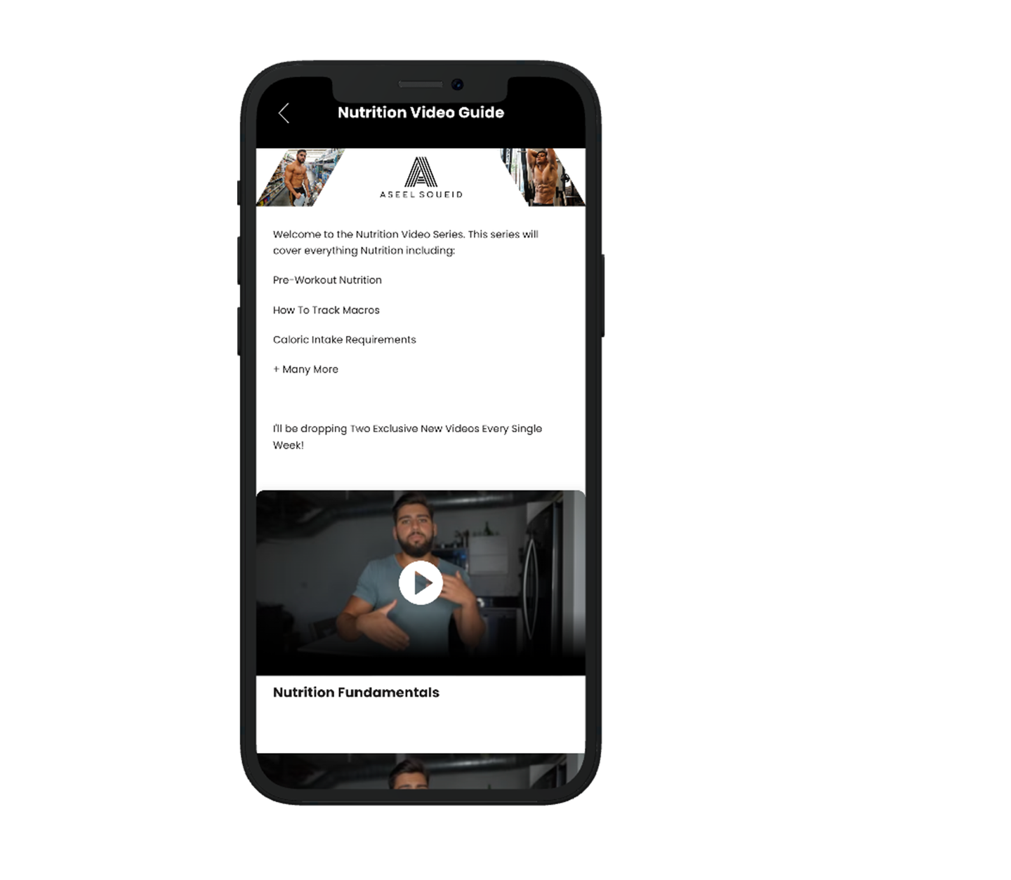 A cell phone with a nutrition video guide app on it.