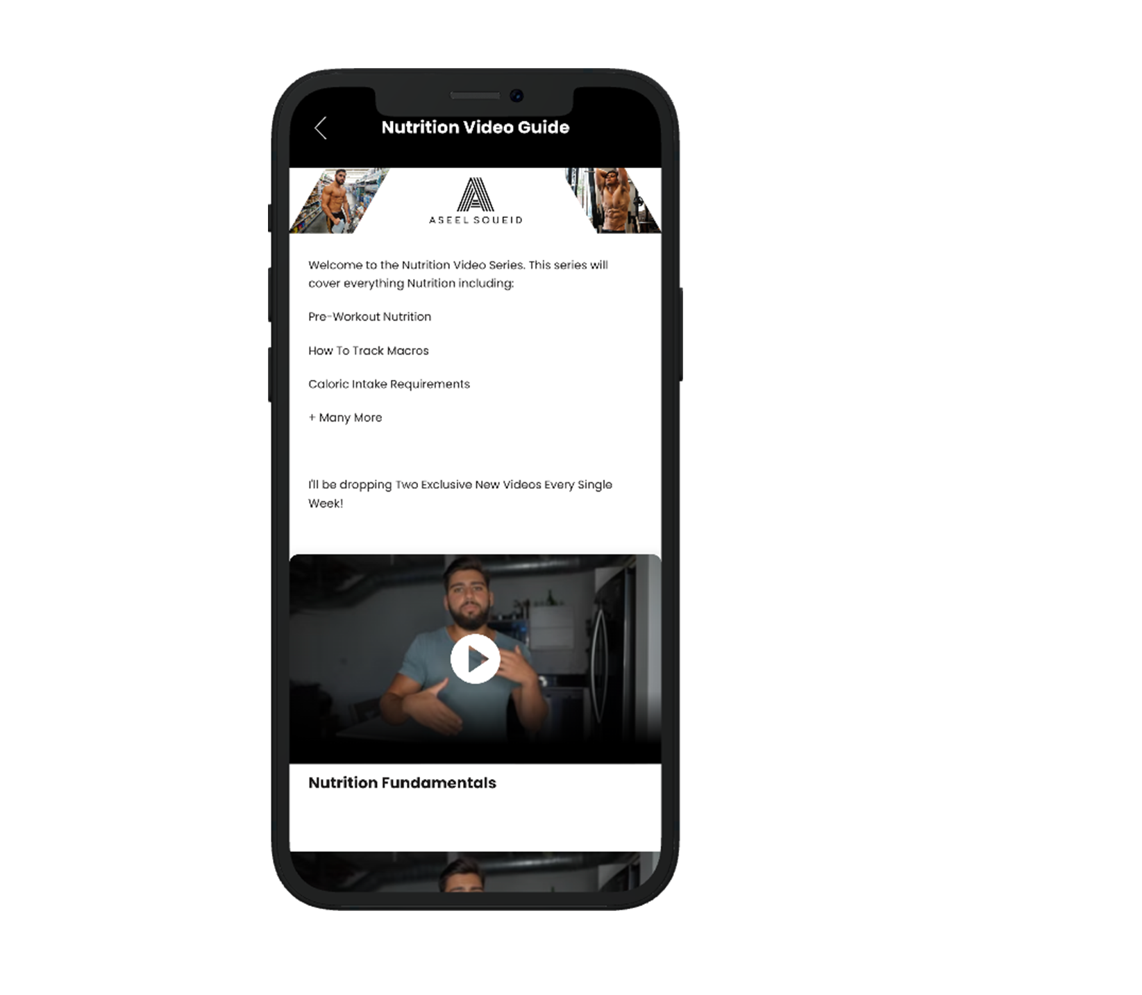 A cell phone with a nutrition video guide app on it.