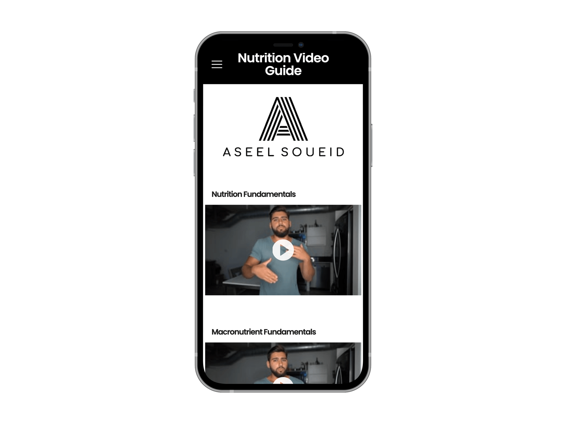 A cell phone with a nutrition video guide app on it.