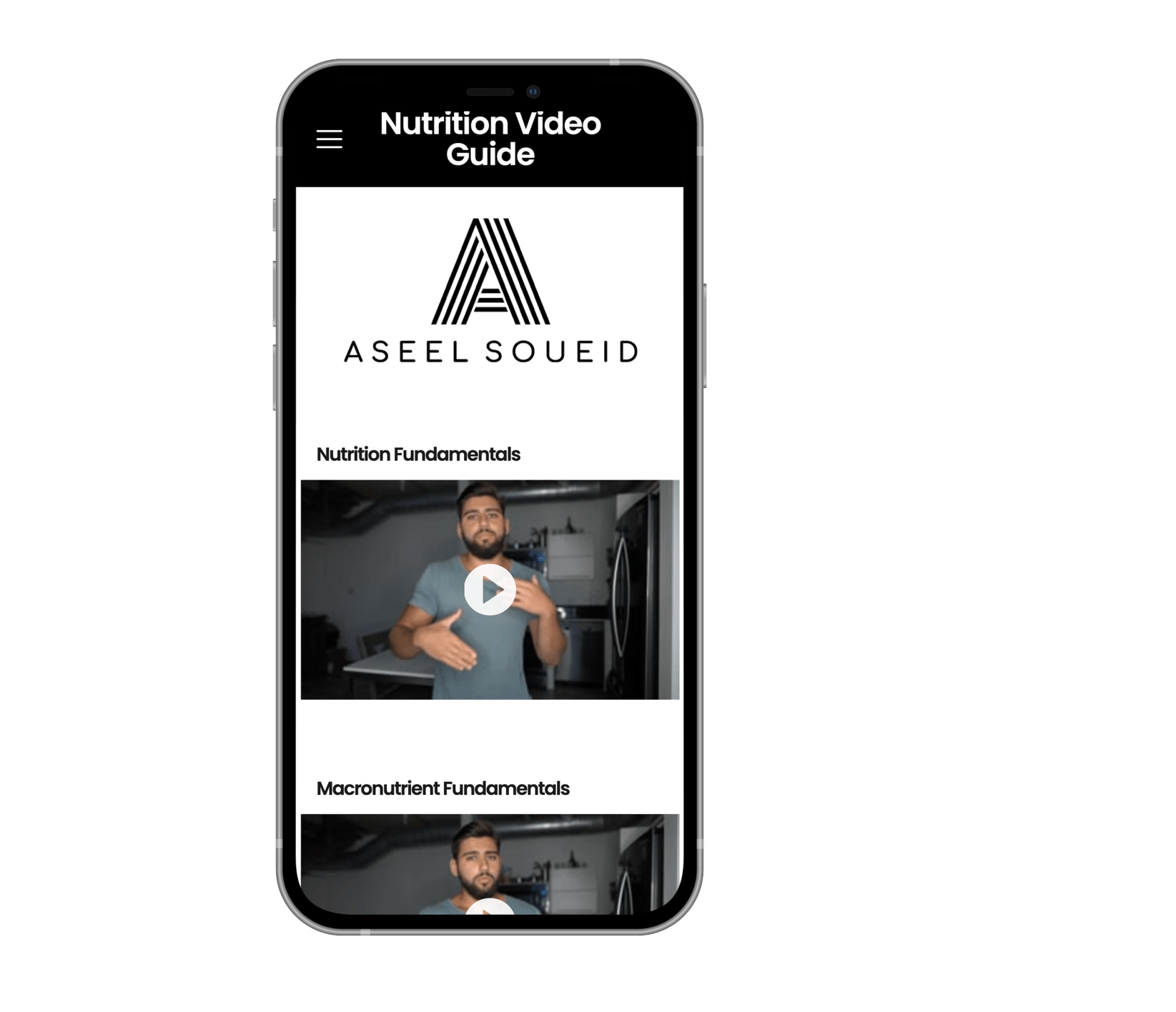 A cell phone with a nutrition video guide app on it.