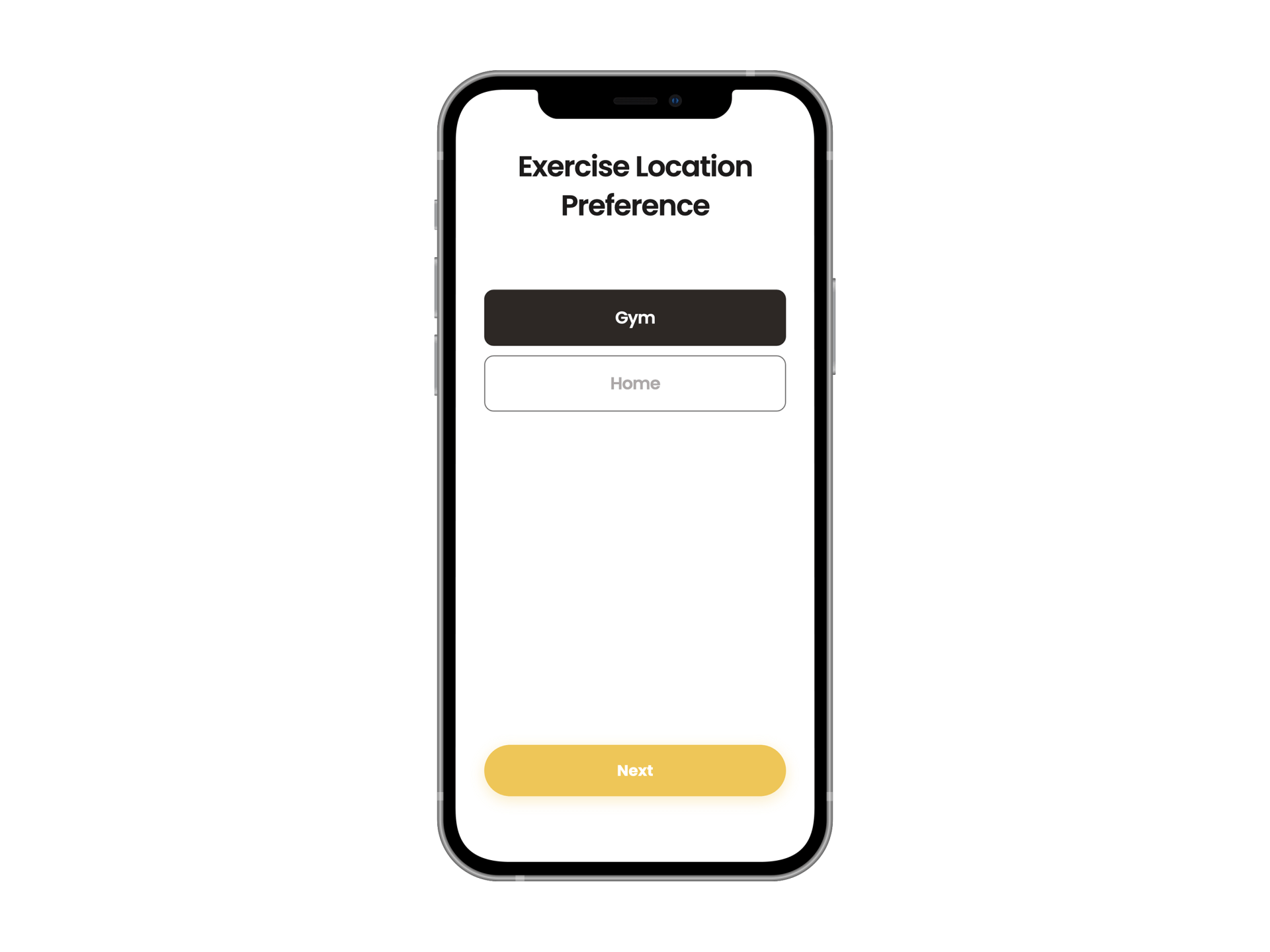 A cell phone with a screen that says `` exercise location preference '' on it.