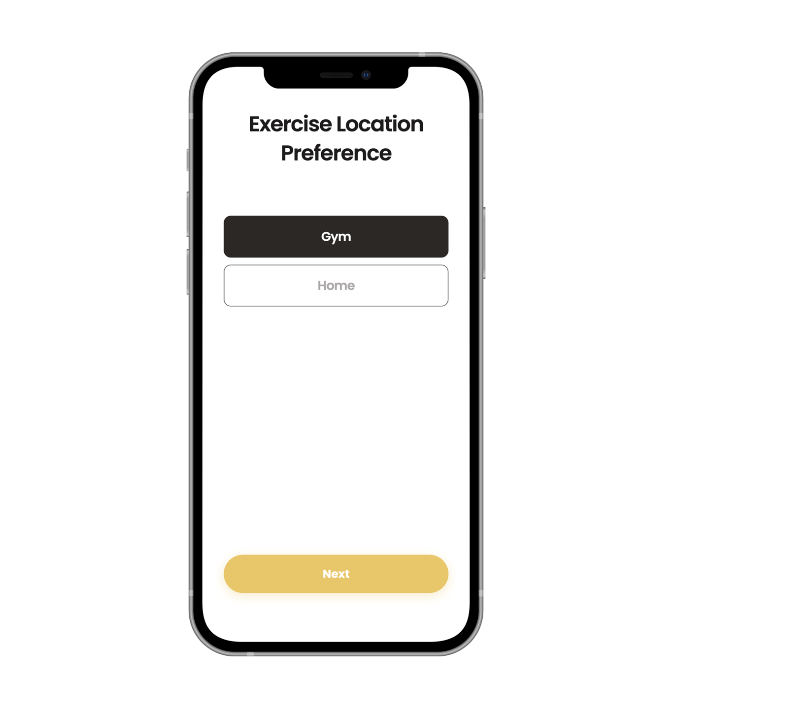 A cell phone with a screen that says exercise location preference on it.