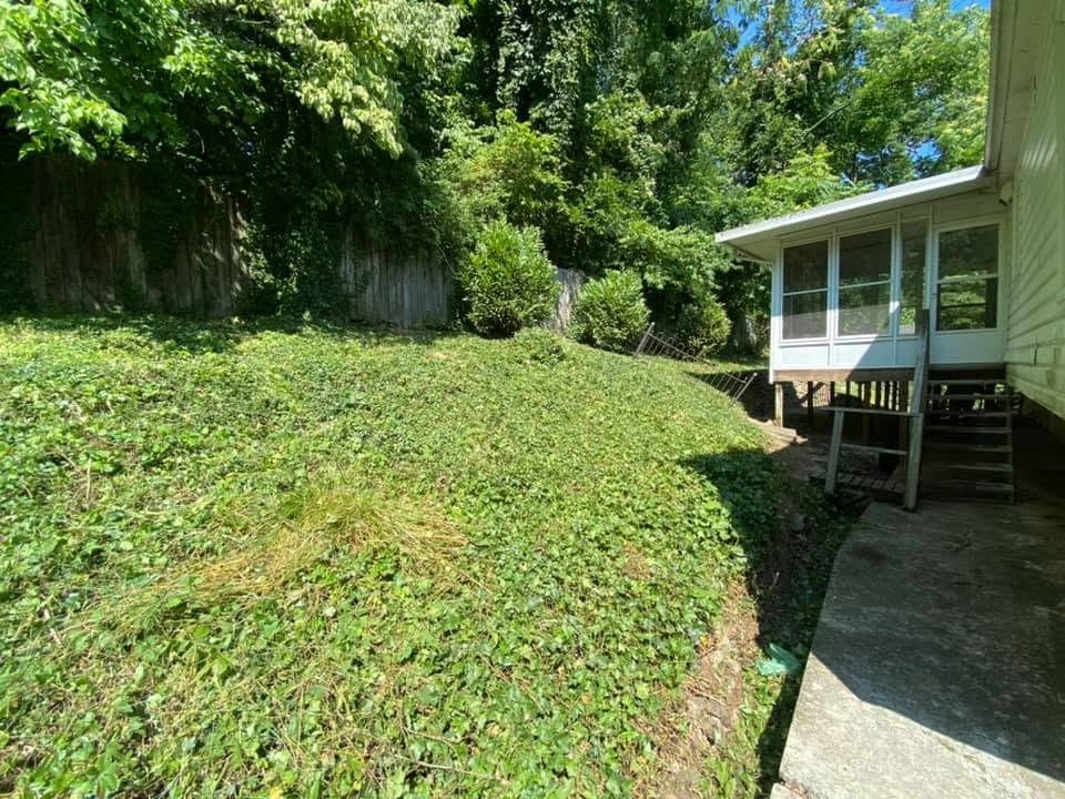 Steep grassy hillside beside a house with a concrete walkway and porch, surrounded by trees.