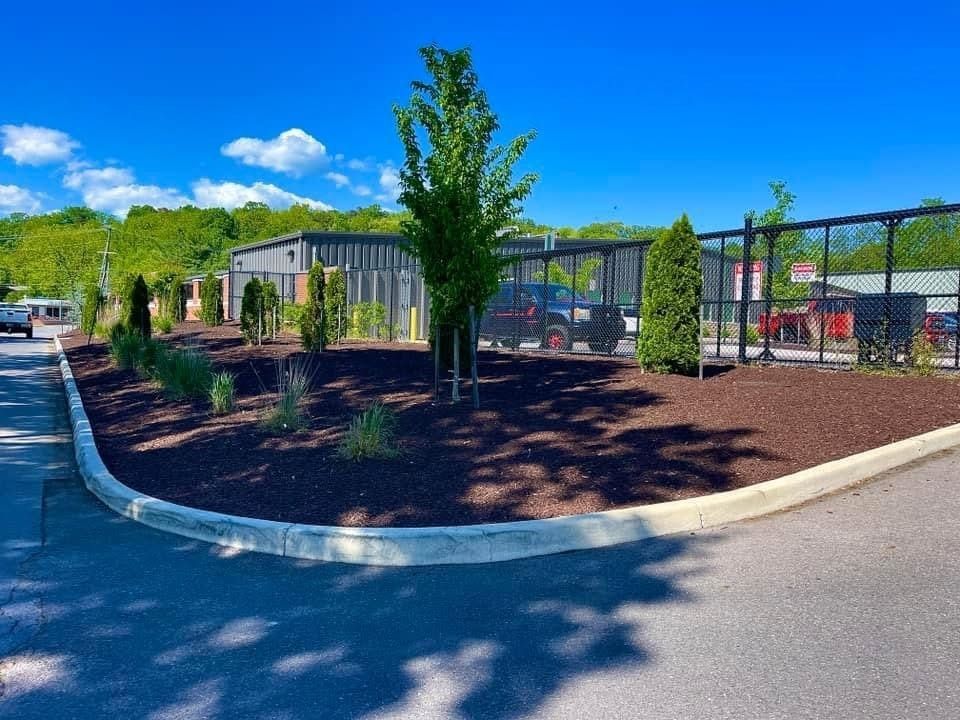 Outdoor view of a fenced dog run with trees, mulch, pavement, and a bright blue sky