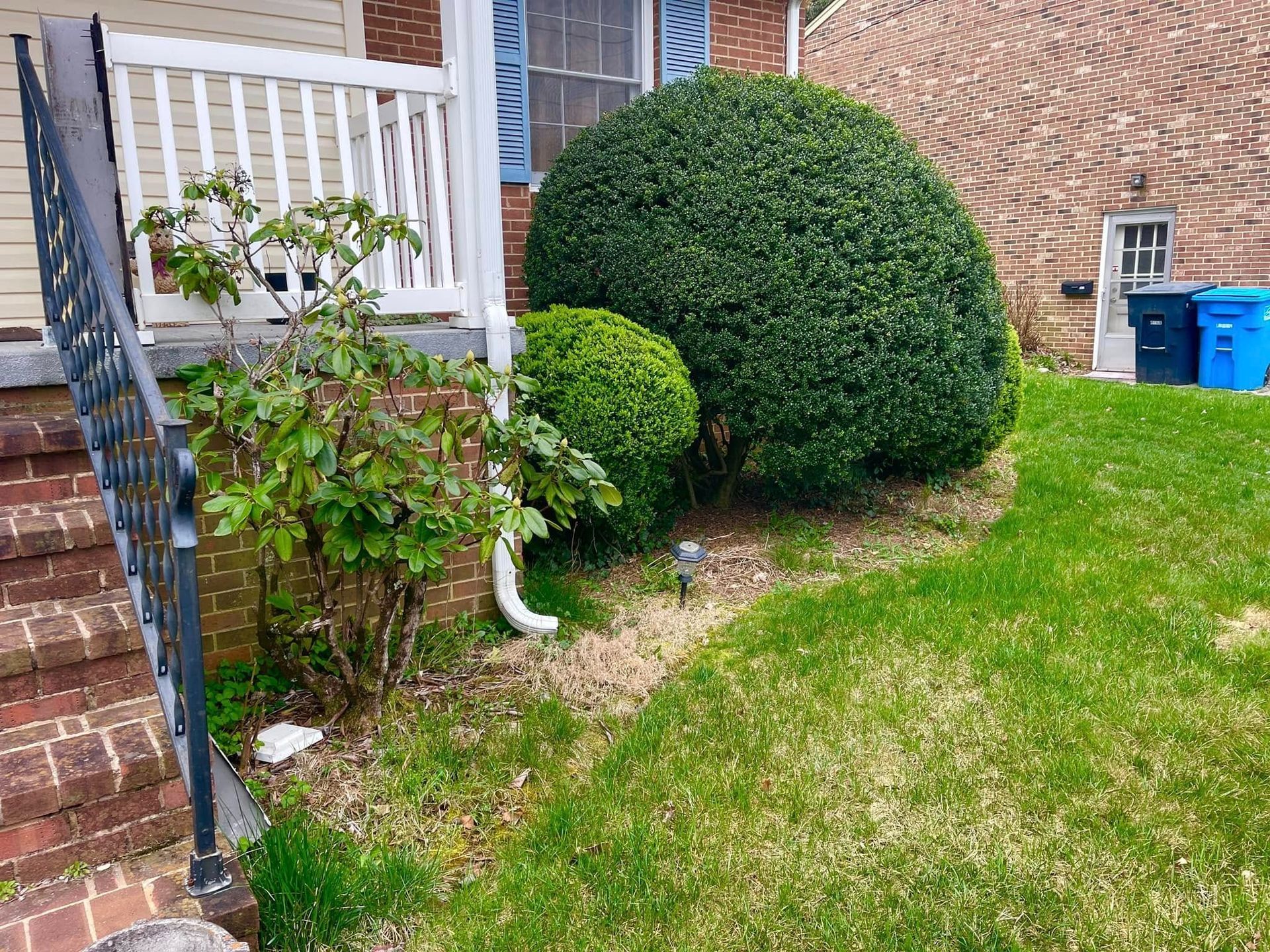 Front yard with trimmed shrubs, brick house, porch railing, and green lawn next to a driveway and trash bins