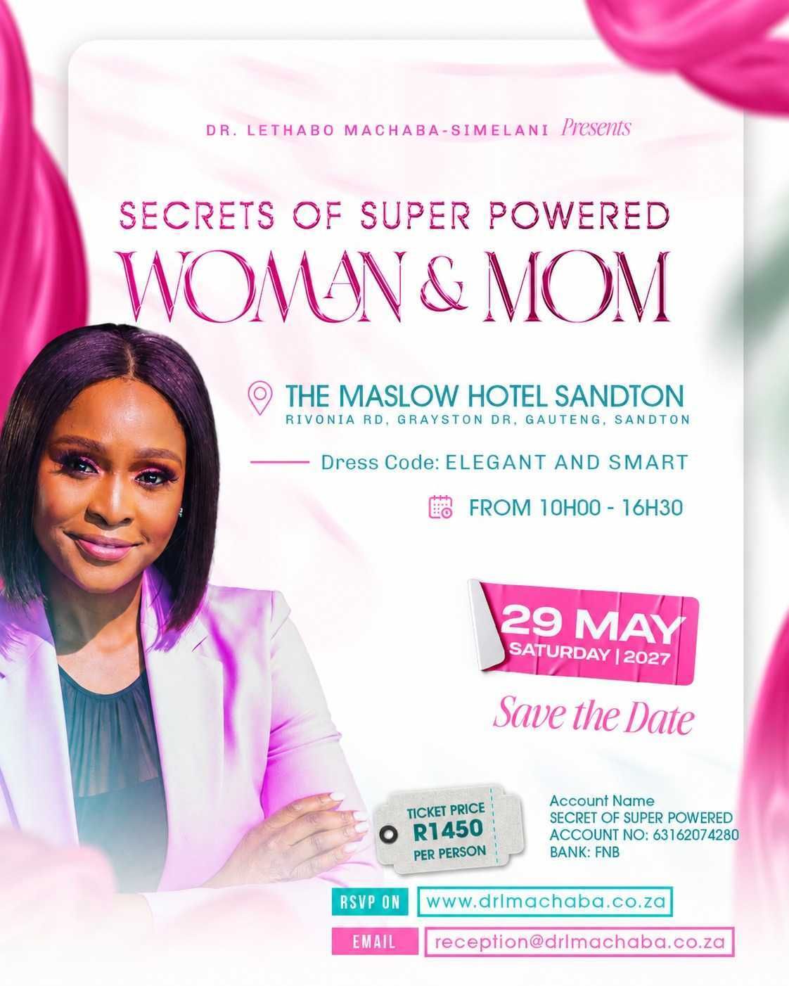 Pink event flyer for “Secrets of Super Powered Woman & Mom” at The Maslow Hotel Sandton, 29 May 2024.