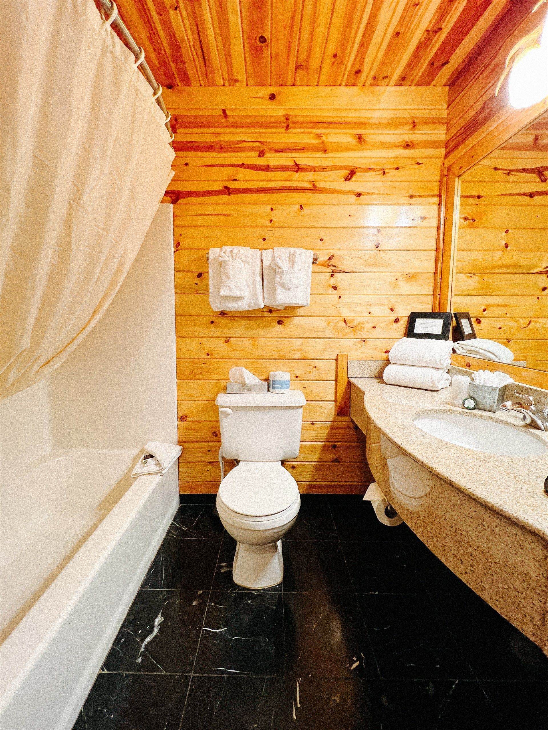 Bathroom with wooden walls, toilet, vanity with sink, and mirror. White towels and toiletries are visible.